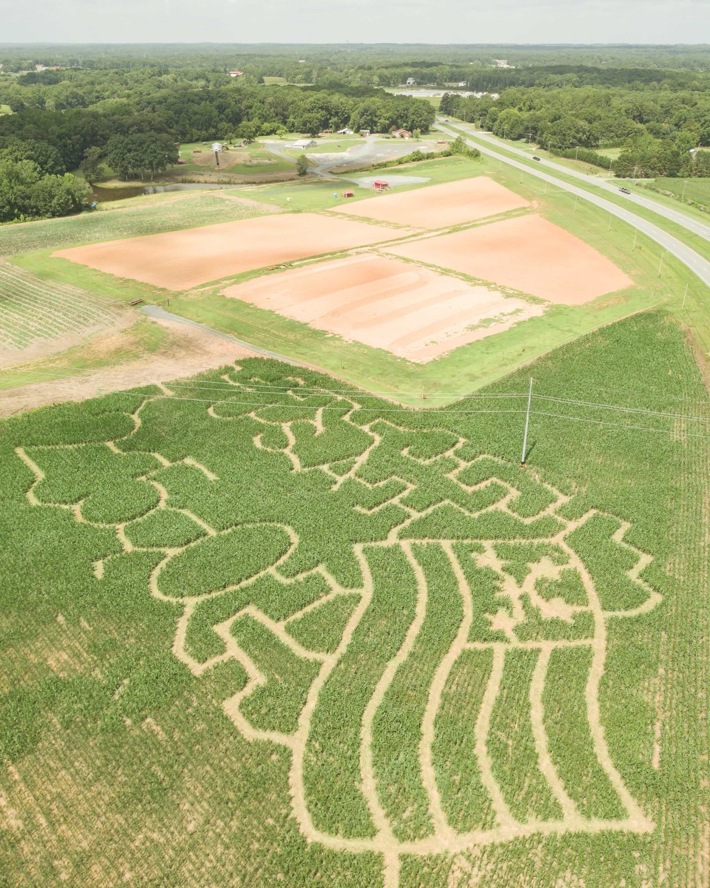 Aerial view across the Deer Run Farm corn maze showing part of the 250 design, nearby fields, and the surrounding Midland landscape