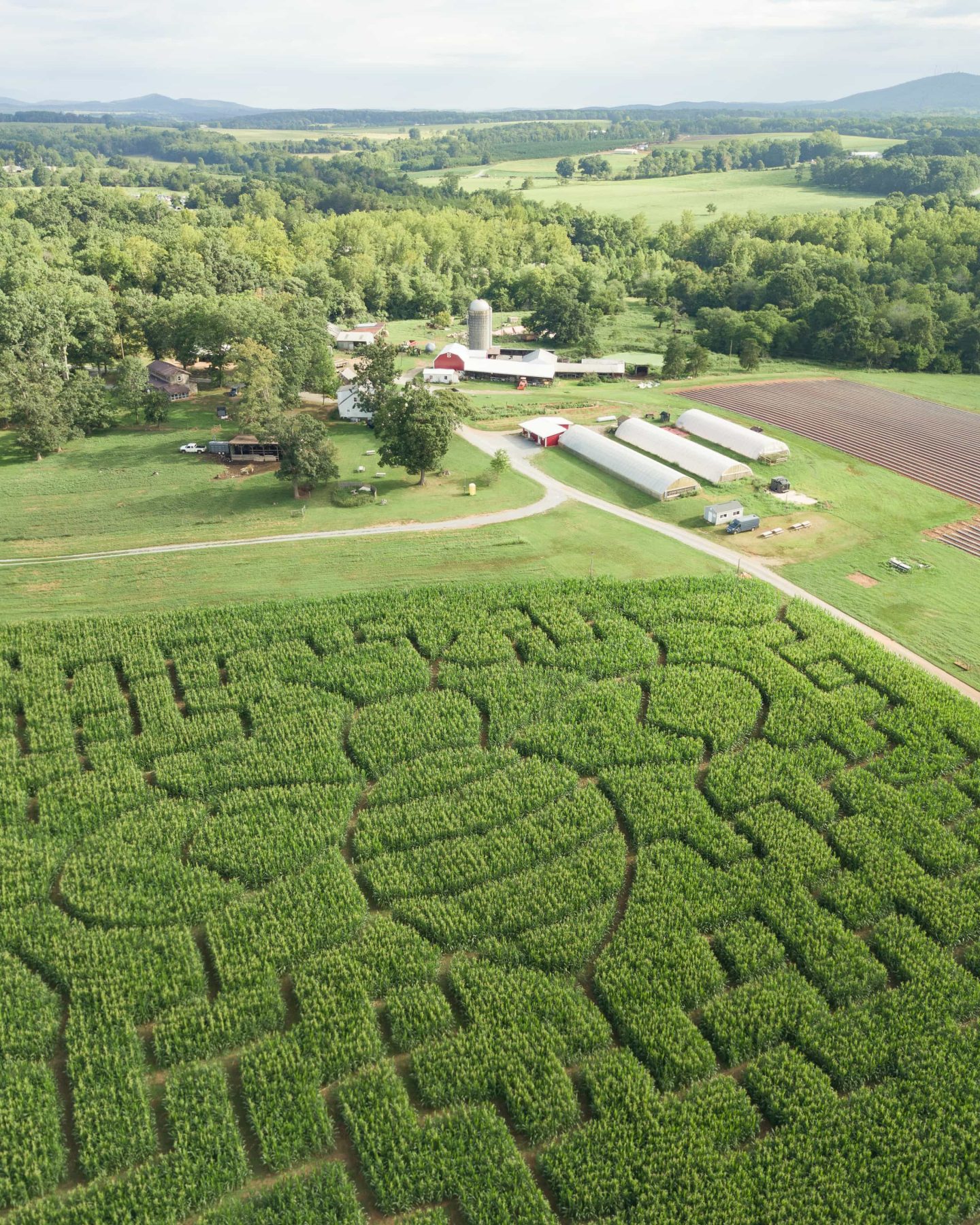 Closer aerial view of Yoders Farm in Rustburg, Virginia, with part of the 2026 corn maze visible in the foreground
